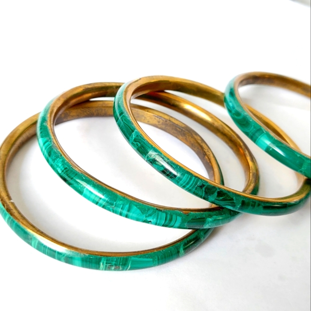 Vintage Green Malachite Gemstone Brass Statement Bangle